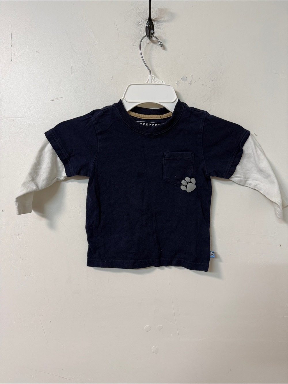 Navy and White Layered-Look Long Sleeve Tee with Paw Pocket